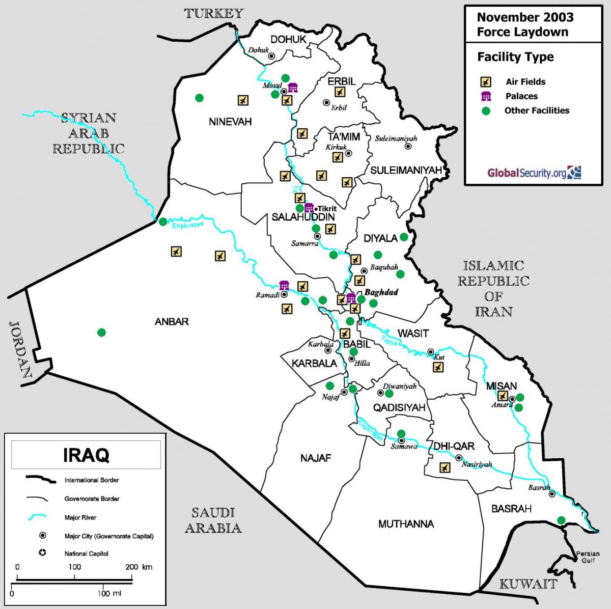地図のイラクの空港